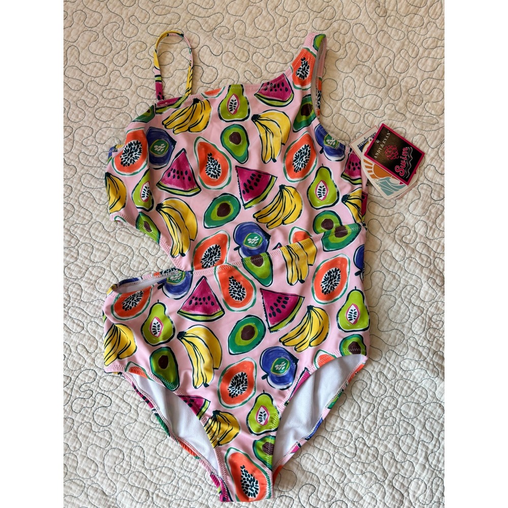 Andy & Evan Girls Pink‎ Tropical Fruit Print One Shoulder Cutout Swimsuit XL 16